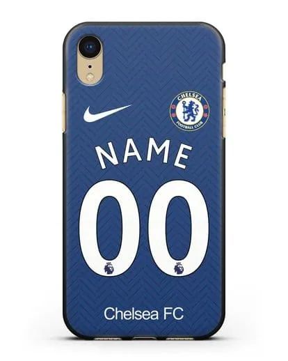 Именной чехол ФК Челси с фамилией и номером (сезон 2020-2021) домашняя форма силиконовый для iPhone XR