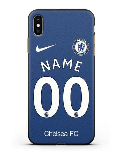 Именной чехол ФК Челси с фамилией и номером (сезон 2020-2021) домашняя форма силиконовый для iPhone XS Max