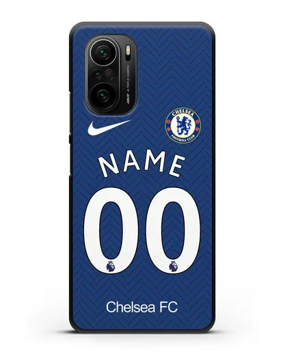 Именной чехол ФК Челси с фамилией и номером (сезон 2020-2021) домашняя форма силиконовый для Xiaomi Poco F3 Pro