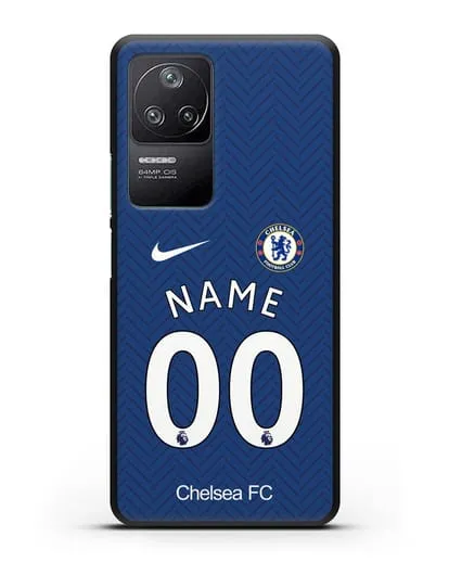 Именной чехол ФК Челси с фамилией и номером (сезон 2020-2021) домашняя форма силиконовый для Xiaomi Poco F4