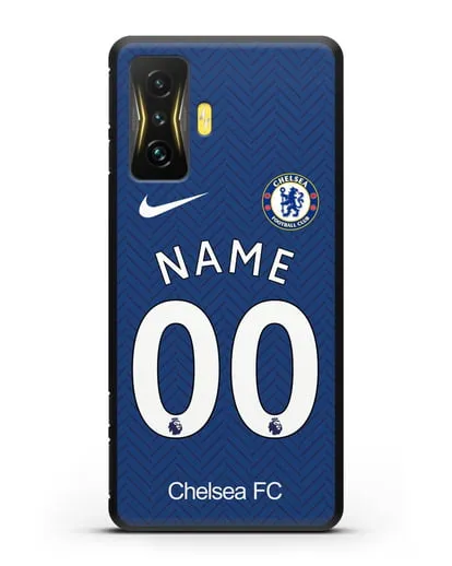 Именной чехол ФК Челси с фамилией и номером (сезон 2020-2021) домашняя форма силиконовый для Xiaomi Poco F4 GT