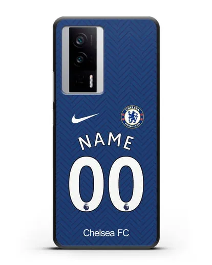 Именной чехол ФК Челси с фамилией и номером (сезон 2020-2021) домашняя форма силиконовый для Xiaomi Poco F5 Pro