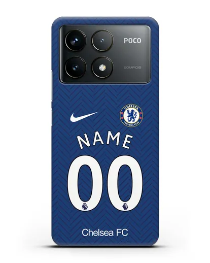 Именной чехол ФК Челси с фамилией и номером (сезон 2020-2021) домашняя форма силиконовый для Xiaomi Poco F6 Pro