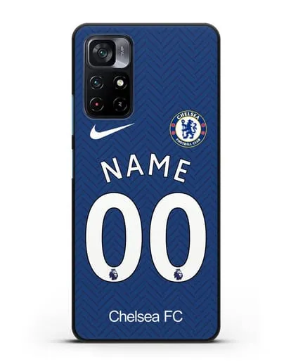 Именной чехол ФК Челси с фамилией и номером (сезон 2020-2021) домашняя форма силиконовый для Xiaomi Poco M4 Pro 5G
