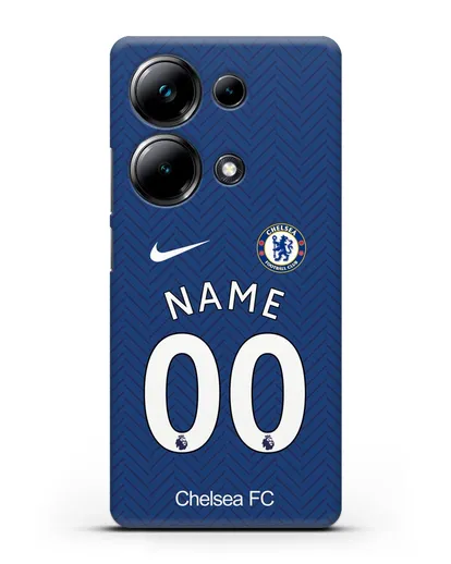 Именной чехол ФК Челси с фамилией и номером (сезон 2020-2021) домашняя форма силиконовый для Xiaomi Poco M6 Pro