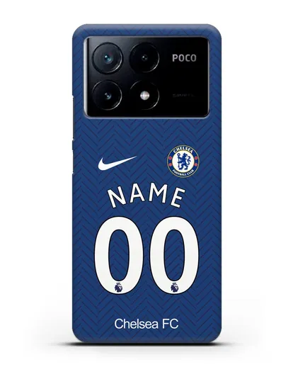 Именной чехол ФК Челси с фамилией и номером (сезон 2020-2021) домашняя форма силиконовый для Xiaomi Poco X6 Pro