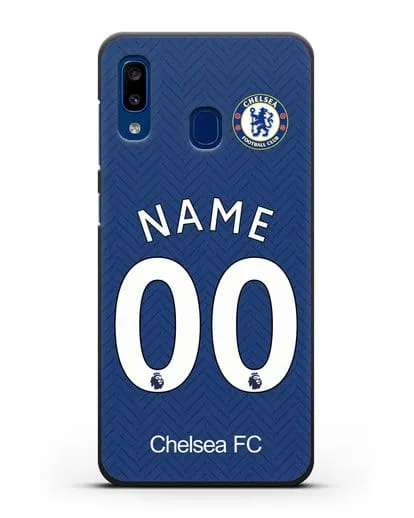 Именной чехол ФК Челси с фамилией и номером (сезон 2020-2021) домашняя форма силиконовый для Samsung Galaxy A20 [SM-A205FN]