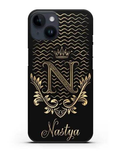 Чехол с короной, именем и фамилией с золотым рисунком силиконовый для iPhone 14