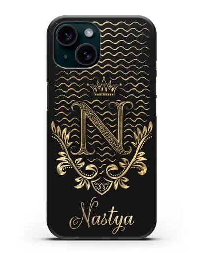 Чехол с короной, именем и фамилией с золотым рисунком силиконовый для iPhone 15