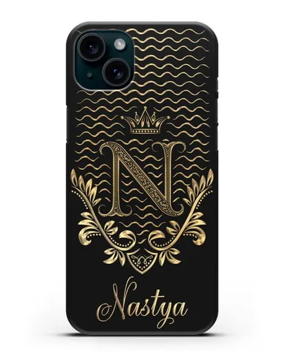 Чехол с короной, именем и фамилией с золотым рисунком силиконовый для iPhone 15 Plus