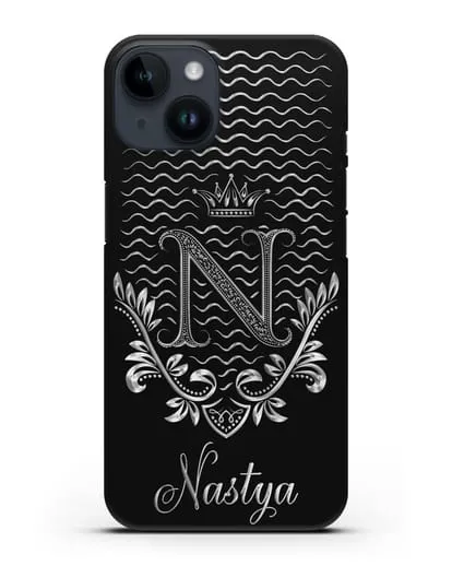 Чехол с короной, именем и фамилией с серебряным рисунком силиконовый для iPhone 14