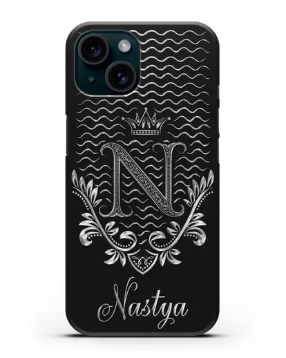 Чехол с короной, именем и фамилией с серебряным рисунком силиконовый для iPhone 15