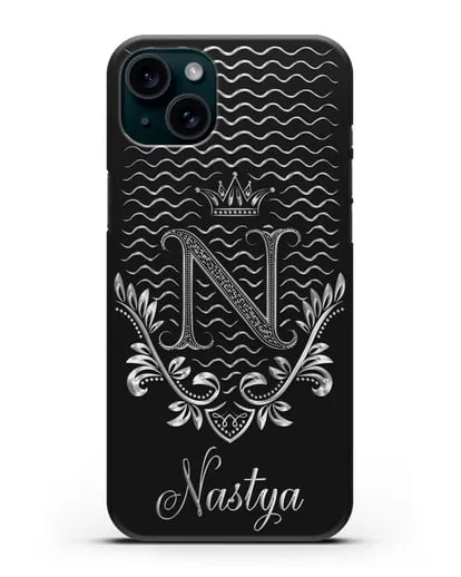 Чехол с короной, именем и фамилией с серебряным рисунком силиконовый для iPhone 15 Plus