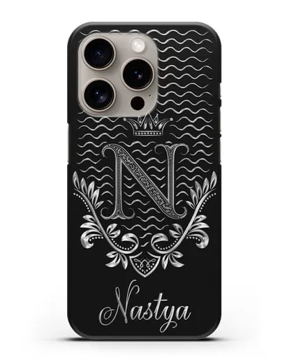 Чехол с короной, именем и фамилией с серебряным рисунком силиконовый для iPhone 15 Pro