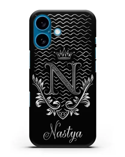 Чехол с короной, именем и фамилией с серебряным рисунком силиконовый для iPhone 16
