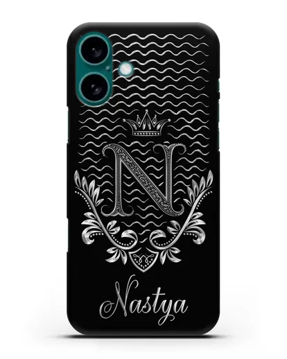 Чехол с короной, именем и фамилией с серебряным рисунком силиконовый для iPhone 16 Plus