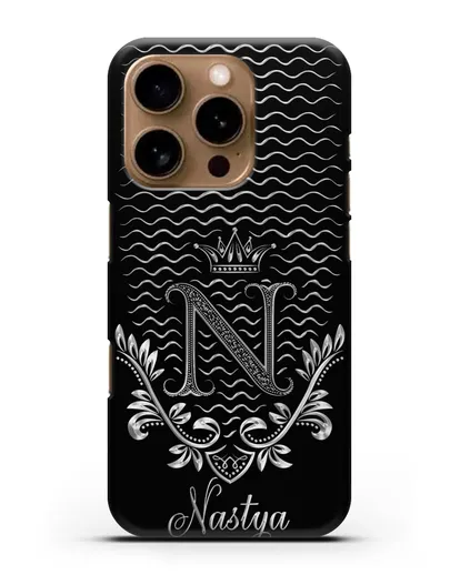 Чехол с короной, именем и фамилией с серебряным рисунком силиконовый для iPhone 16 Pro