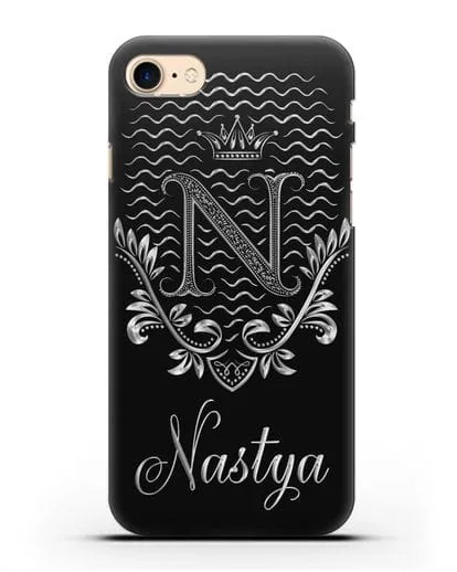 Чехол с короной, именем и фамилией с серебряным рисунком силиконовый для iPhone 7