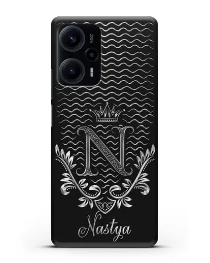 Чехол с короной, именем и фамилией с серебряным рисунком силиконовый для Xiaomi Poco F5