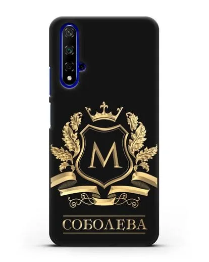 Чехол с геральдическим щитом, фамилией и короной с золотым рисунком силиконовый для Honor 20