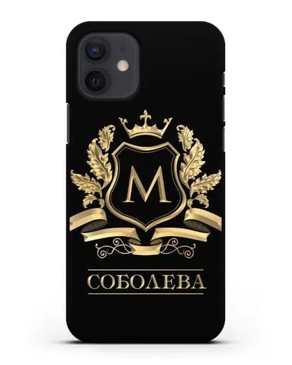 Чехол с геральдическим щитом, фамилией и короной с золотым рисунком силиконовый для iPhone 12