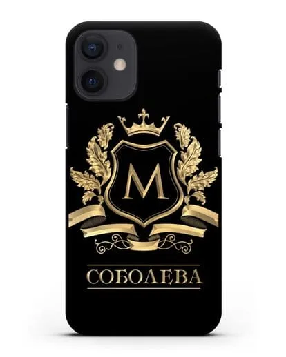 Чехол с геральдическим щитом, фамилией и короной с золотым рисунком силиконовый для iPhone 12 mini