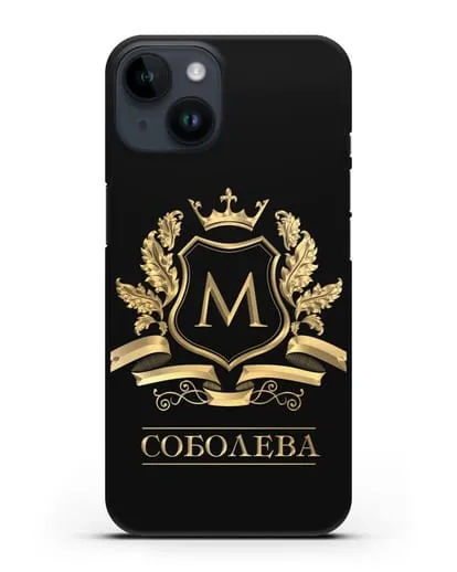 Чехол с геральдическим щитом, фамилией и короной с золотым рисунком силиконовый для iPhone 14