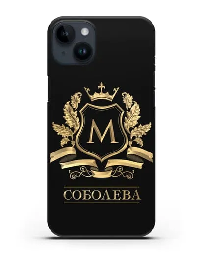 Чехол с геральдическим щитом, фамилией и короной с золотым рисунком силиконовый для iPhone 14 Plus