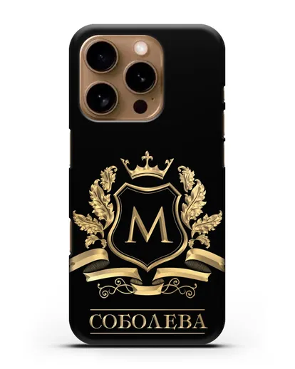 Чехол с геральдическим щитом, фамилией и короной с золотым рисунком силиконовый для iPhone 16 Pro