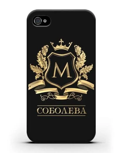 Чехол с геральдическим щитом, фамилией и короной с золотым рисунком силиконовый для iPhone 4/4s