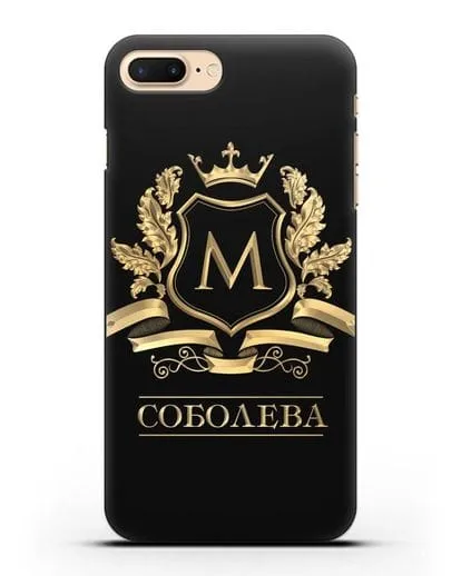 Чехол с геральдическим щитом, фамилией и короной с золотым рисунком силиконовый для iPhone 8 Plus