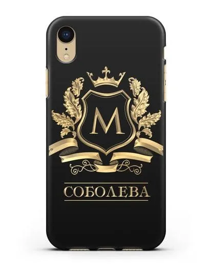 Чехол с геральдическим щитом, фамилией и короной с золотым рисунком силиконовый для iPhone XR