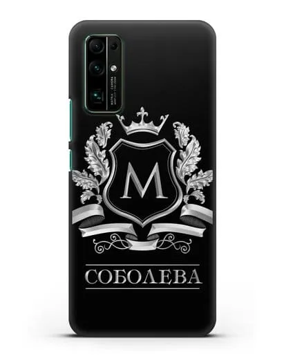 Чехол с геральдическим щитом, фамилией и короной с серебряным рисунком силиконовый для Honor 30