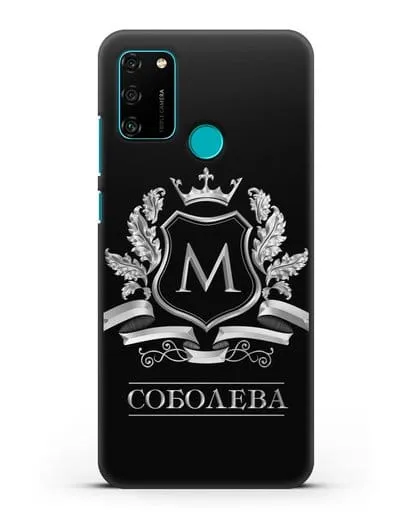 Чехол с геральдическим щитом, фамилией и короной с серебряным рисунком силиконовый для Honor 9A