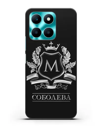 Чехол с геральдическим щитом, фамилией и короной с серебряным рисунком силиконовый для Honor X6a