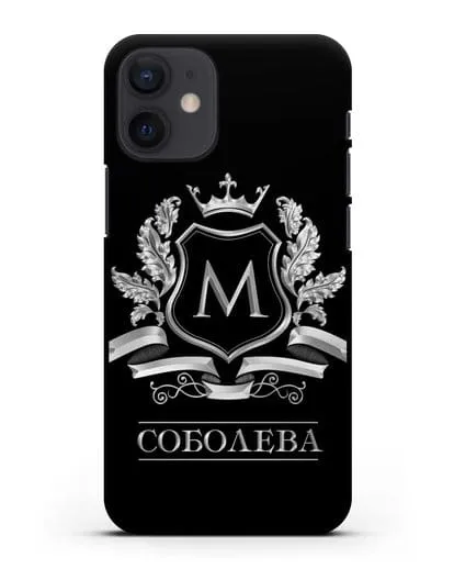 Чехол с геральдическим щитом, фамилией и короной с серебряным рисунком силиконовый для iPhone 12 mini