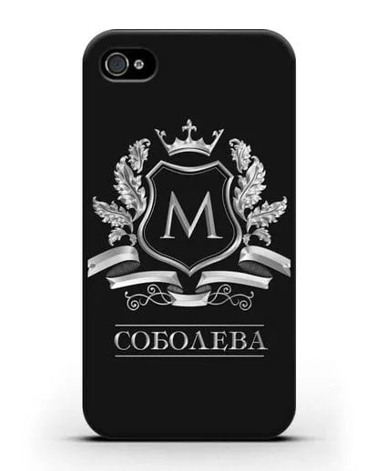 Чехол с геральдическим щитом, фамилией и короной с серебряным рисунком силиконовый для iPhone 4/4s