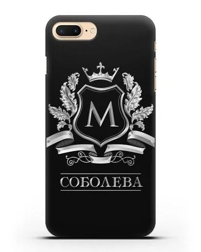 Чехол с геральдическим щитом, фамилией и короной с серебряным рисунком силиконовый для iPhone 8 Plus