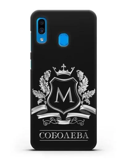 Чехол с геральдическим щитом, фамилией и короной с серебряным рисунком силиконовый для Samsung Galaxy A30 [SM-A305FN]