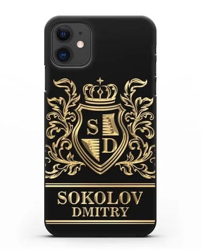 Именной чехол с гербом, инициалами и фамилией с золотым рисунком силиконовый для iPhone 11