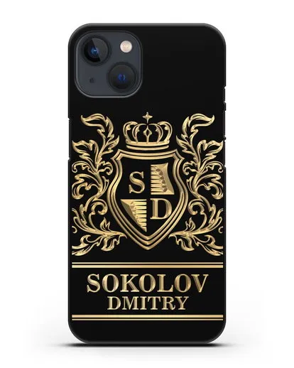 Именной чехол с гербом, инициалами и фамилией с золотым рисунком силиконовый для iPhone 13 Mini