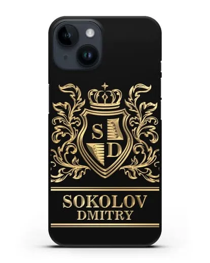 Именной чехол с гербом, инициалами и фамилией с золотым рисунком силиконовый для iPhone 14