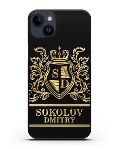 Именной чехол с гербом, инициалами и фамилией с золотым рисунком силиконовый для iPhone 14 Plus