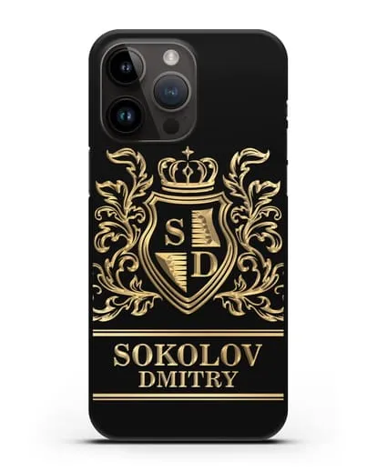 Именной чехол с гербом, инициалами и фамилией с золотым рисунком силиконовый для iPhone 14 Pro Max