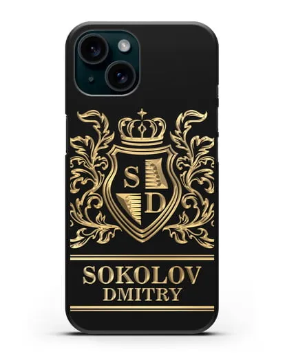 Именной чехол с гербом, инициалами и фамилией с золотым рисунком силиконовый для iPhone 15