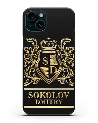 Именной чехол с гербом, инициалами и фамилией с золотым рисунком силиконовый для iPhone 15 Plus