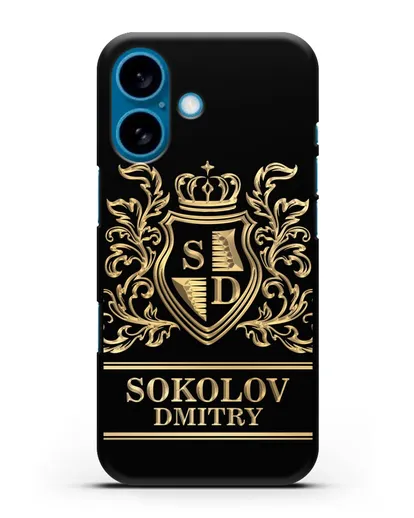 Именной чехол с гербом, инициалами и фамилией с золотым рисунком силиконовый для iPhone 16