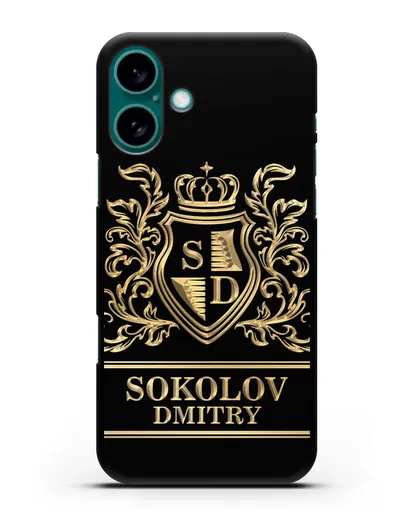 Именной чехол с гербом, инициалами и фамилией с золотым рисунком силиконовый для iPhone 16 Plus