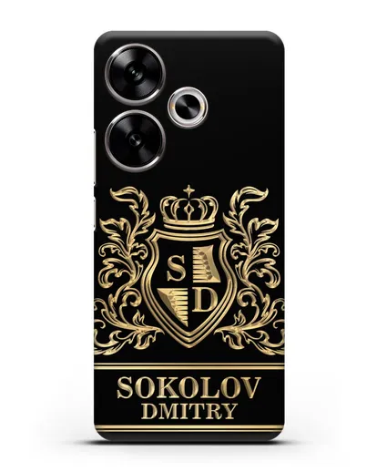 Именной чехол с гербом, инициалами и фамилией с золотым рисунком силиконовый для Xiaomi Poco F6