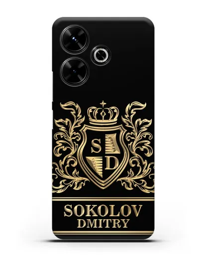 Именной чехол с гербом, инициалами и фамилией с золотым рисунком силиконовый для Xiaomi Poco M6